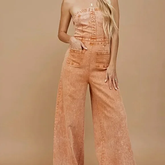 BOHO MINERAL WASH WIDELEG PLAYSUIT - Picture 1 of 4